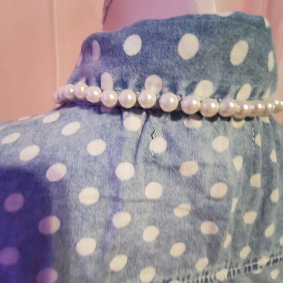 Ank Rouge Size Women's Small Denim Blouse Top Pearl Polka Dot Boho Japan Import - Picture 10 of 16